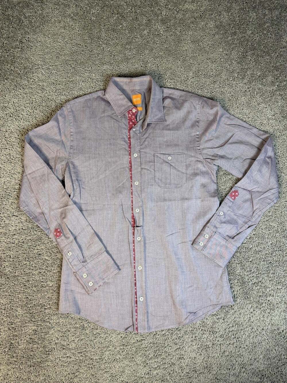 HUGO BOSS Shirt Mens M Purple Long Sleeve Button Up Chambray Slim Fit Pockets